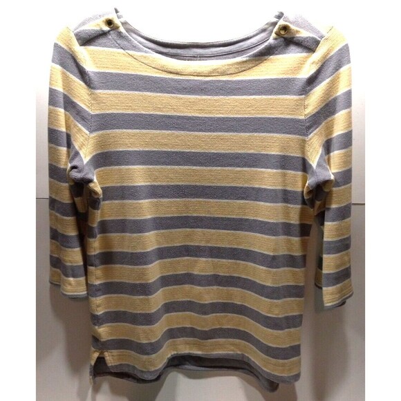 Croft & Barrow Small Tee Striped 3/4 Sleeve Boat Neck Gray Yellow White Stretch - Picture 1 of 7